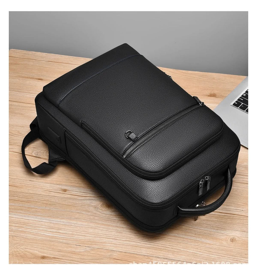 Elegantní kožený batoh s USB portem pro 15,6palcový notebook, černý