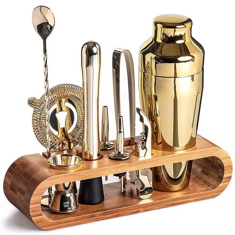 PulseMix 10 Edelstahl-Cocktailshaker-Set mit 10 wichtigen Barwerkzeugen und Ständer