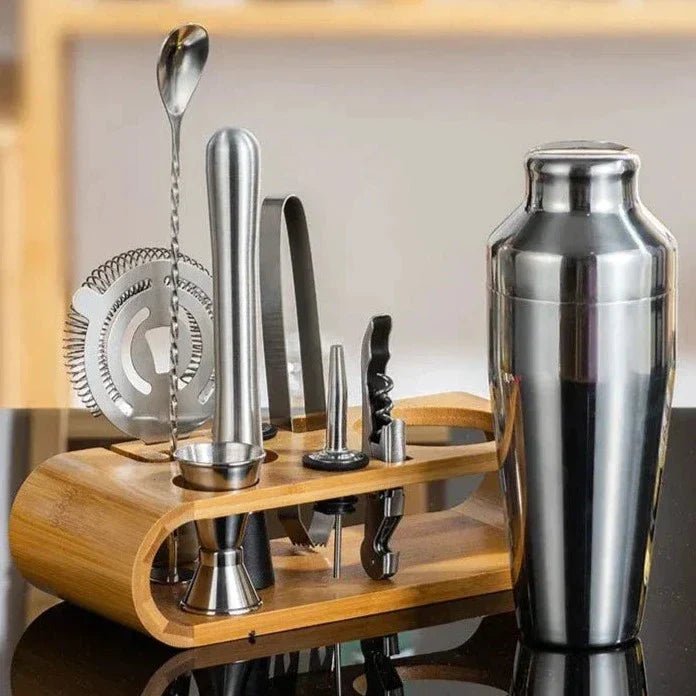 PulseMix 10 Edelstahl-Cocktailshaker-Set mit 10 wichtigen Barwerkzeugen und Ständer