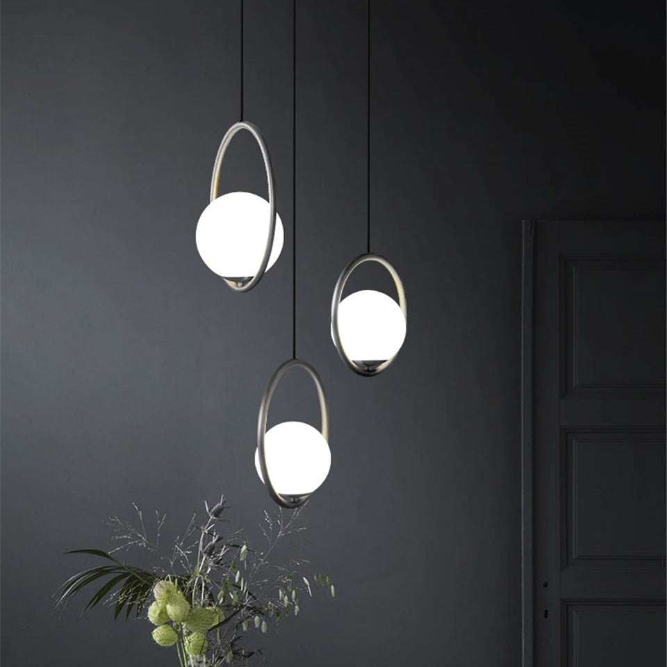 Nordra Orb Sphere Pendant Light With Minimalist Ring Encircling Snow White Sphere