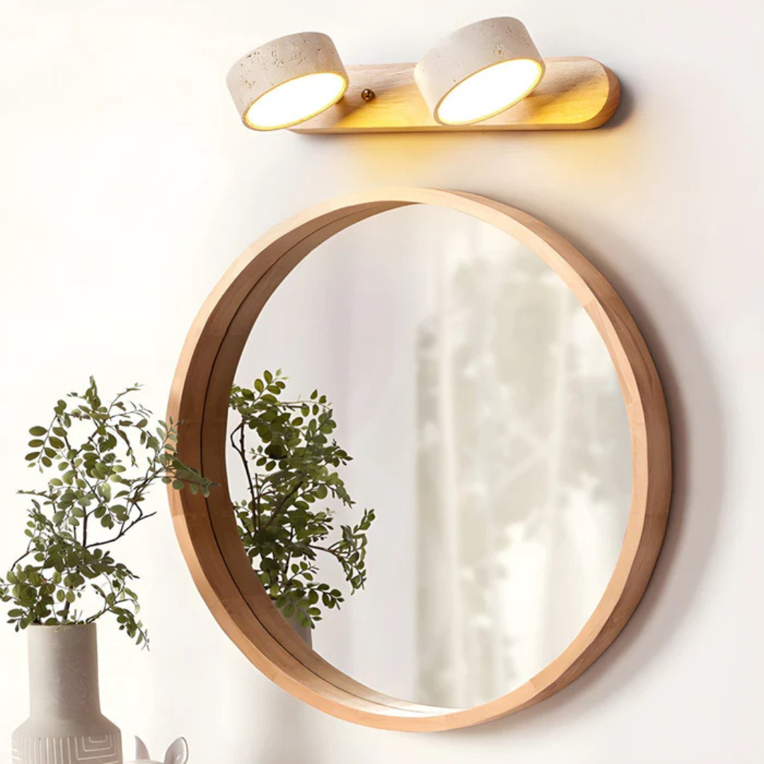 Havencrest Travertine Wall Light With Warm Wood Accents And Ambient Glow