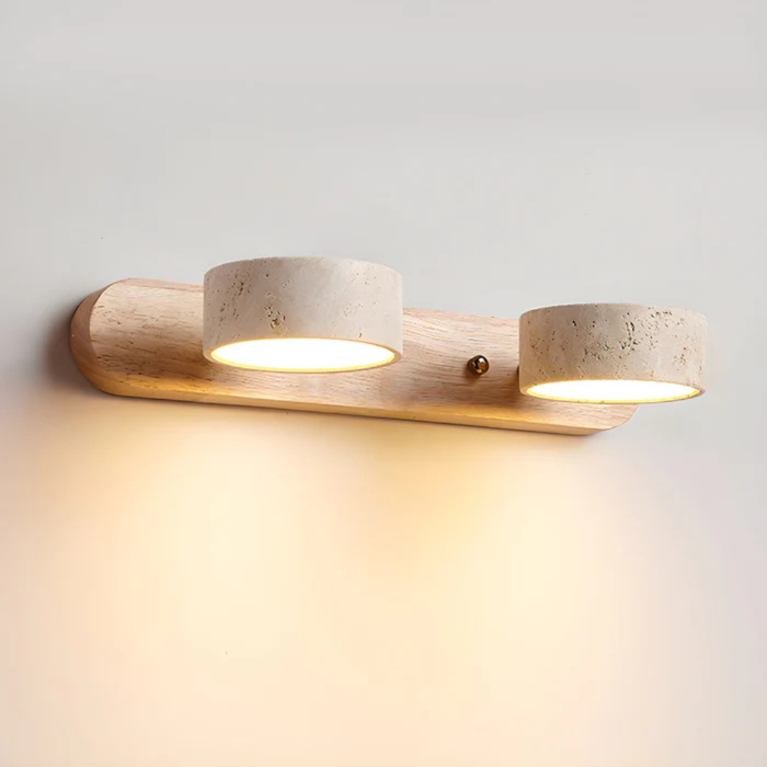Havencrest Travertine Wall Light With Warm Wood Accents And Ambient Glow