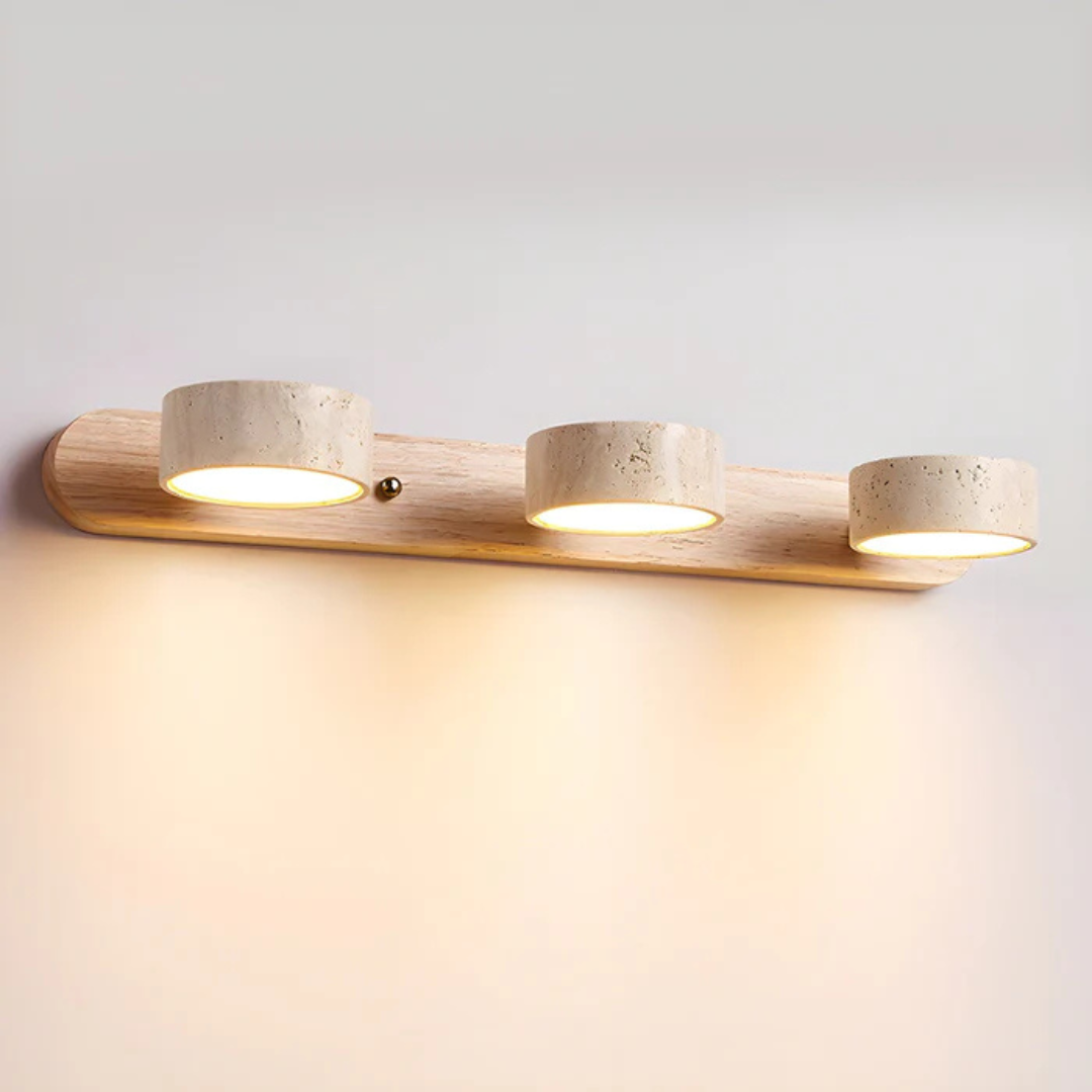 Havencrest Travertine Wall Light With Warm Wood Accents And Ambient Glow
