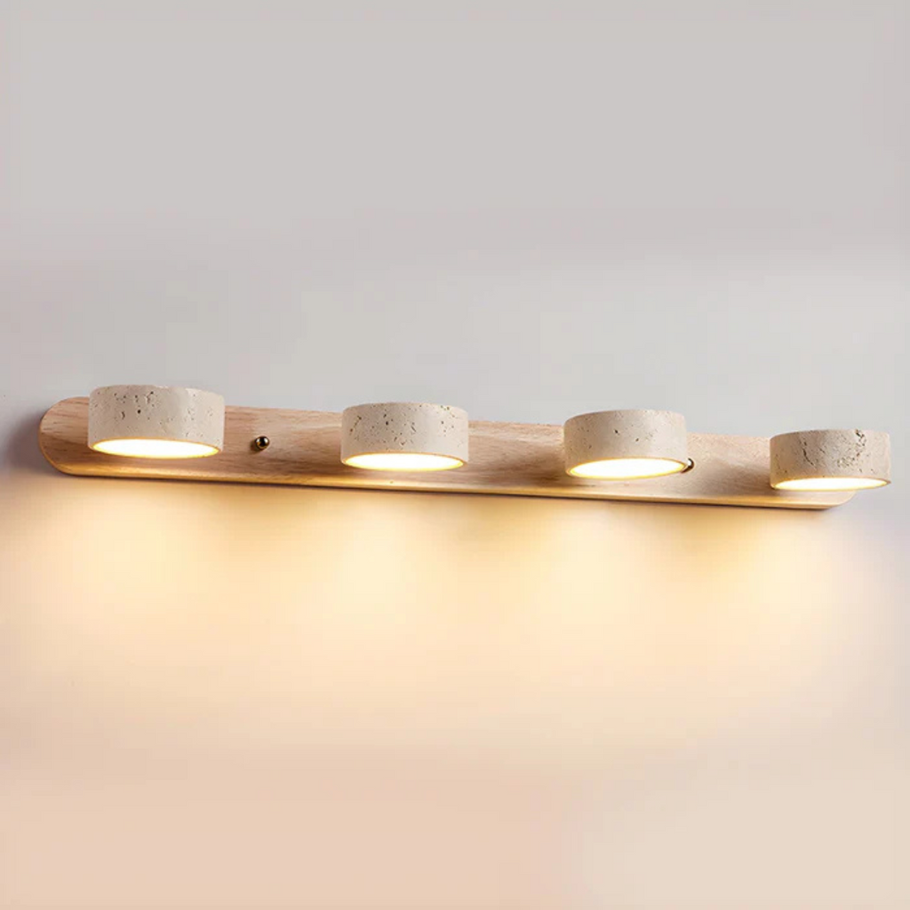Havencrest Travertine Wall Light With Warm Wood Accents And Ambient Glow