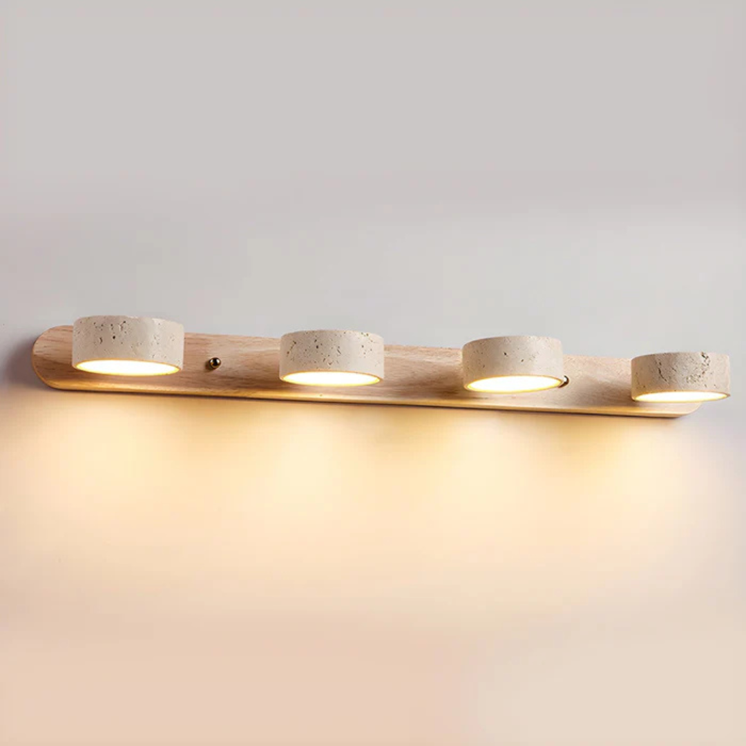 Havencrest Travertine Wall Light With Warm Wood Accents And Ambient Glow