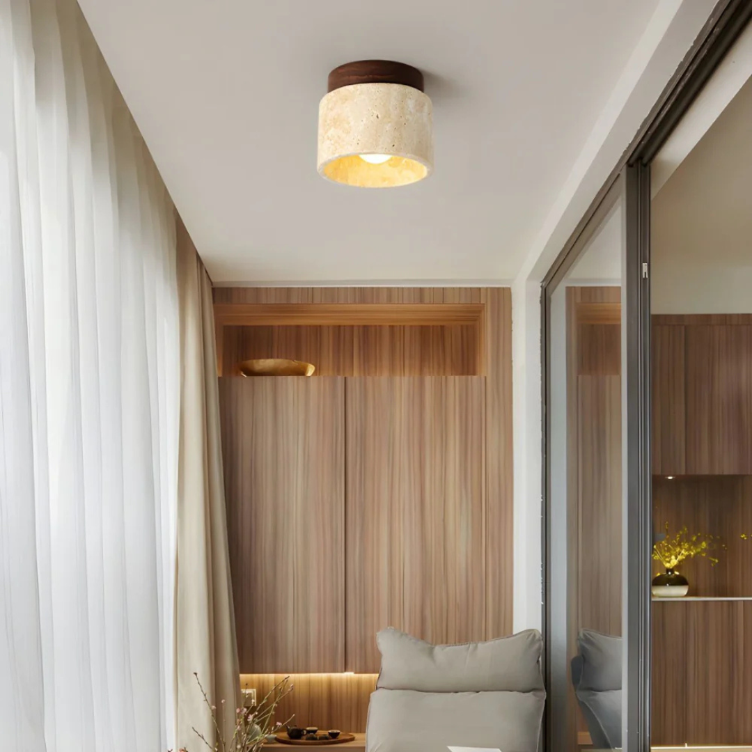 Lumera Travertine Cylinder Ceiling Light With Wood Accent