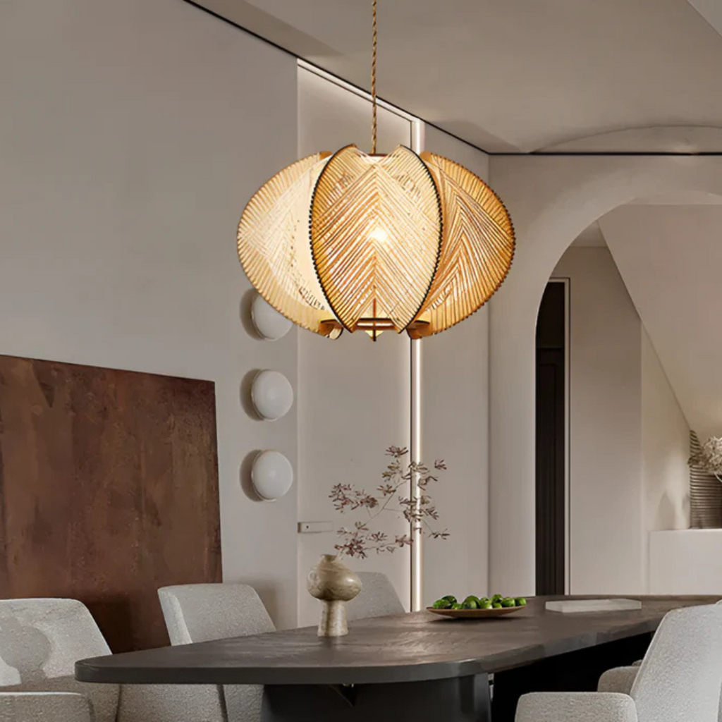 Lampa wisząca SolaraWood Wabi-Sabi do jadalni z drewna i konopi