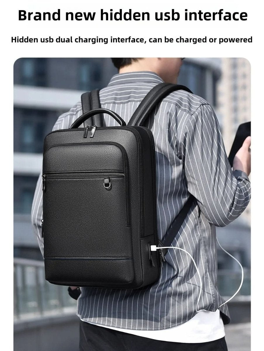 Elegantní kožený batoh s USB portem pro 15,6palcový notebook, černý