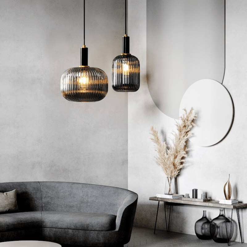 Nordic Vintage Style Striped Glass Pendant Light With Black Glass And Metal