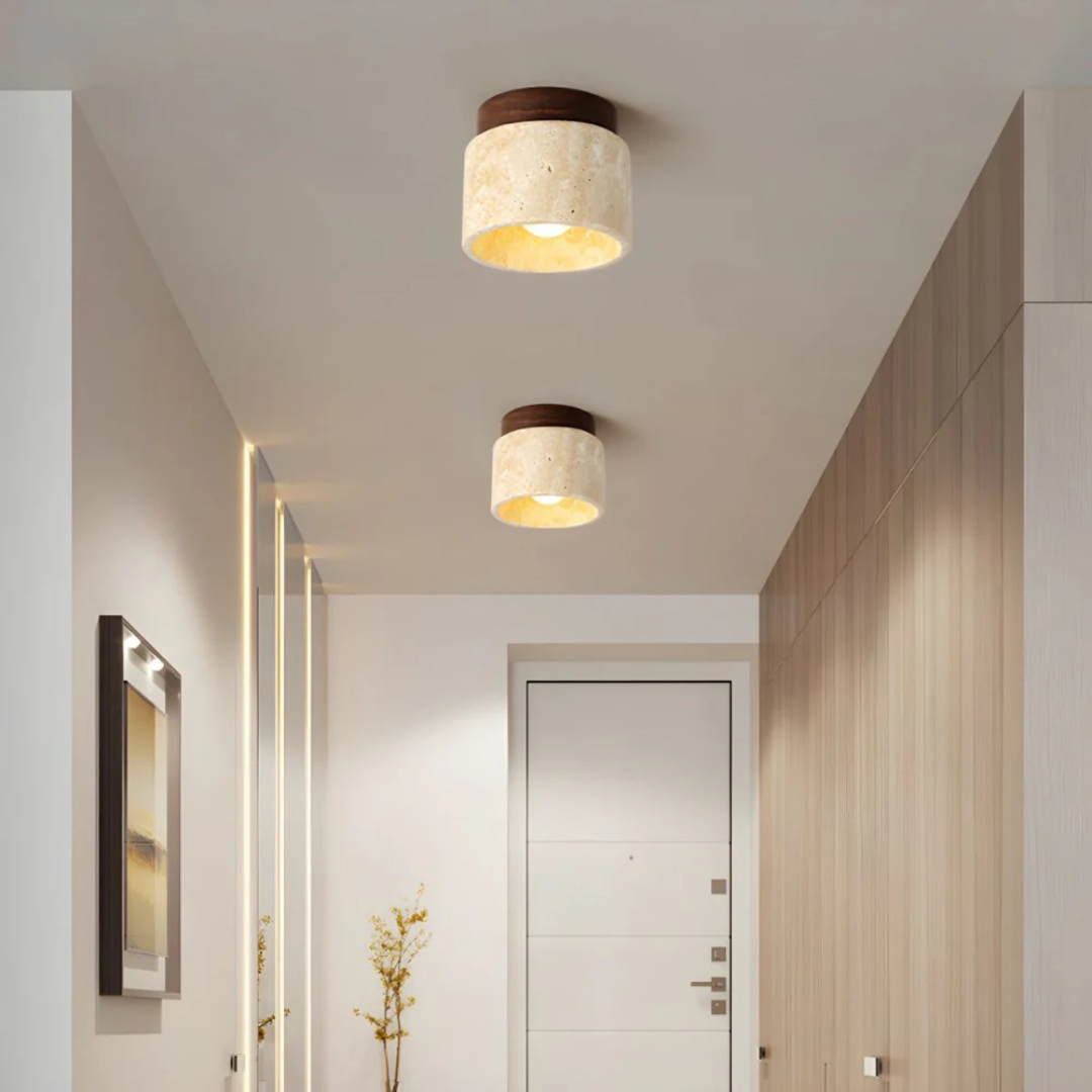 Lumera Travertine Cylinder Ceiling Light With Wood Accent