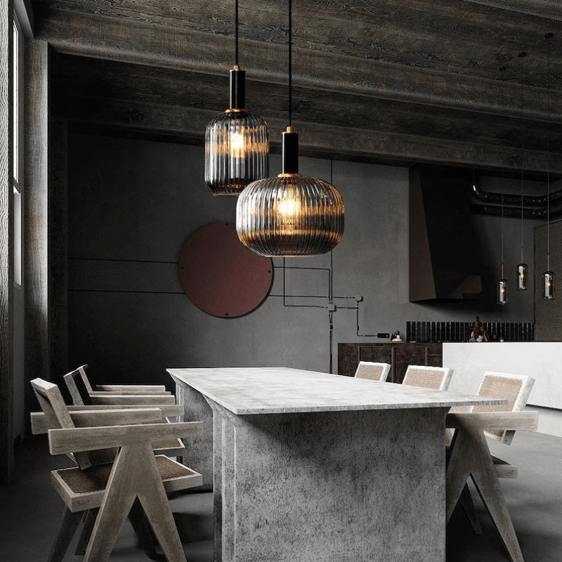 Nordic Vintage Style Striped Glass Pendant Light With Black Glass And Metal