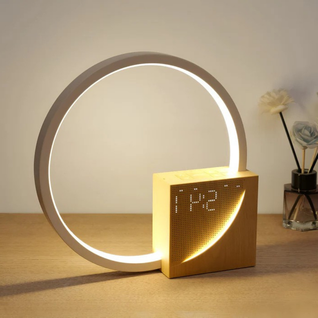 Lampa de masă LED multifuncțională AureaLume cu încărcător USB și ceas cu alarmă