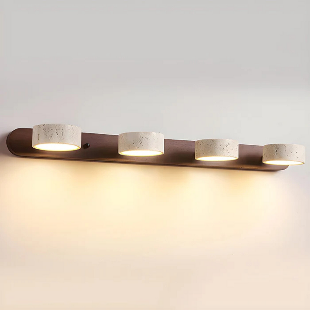 Havencrest Travertine Wall Light With Warm Wood Accents And Ambient Glow