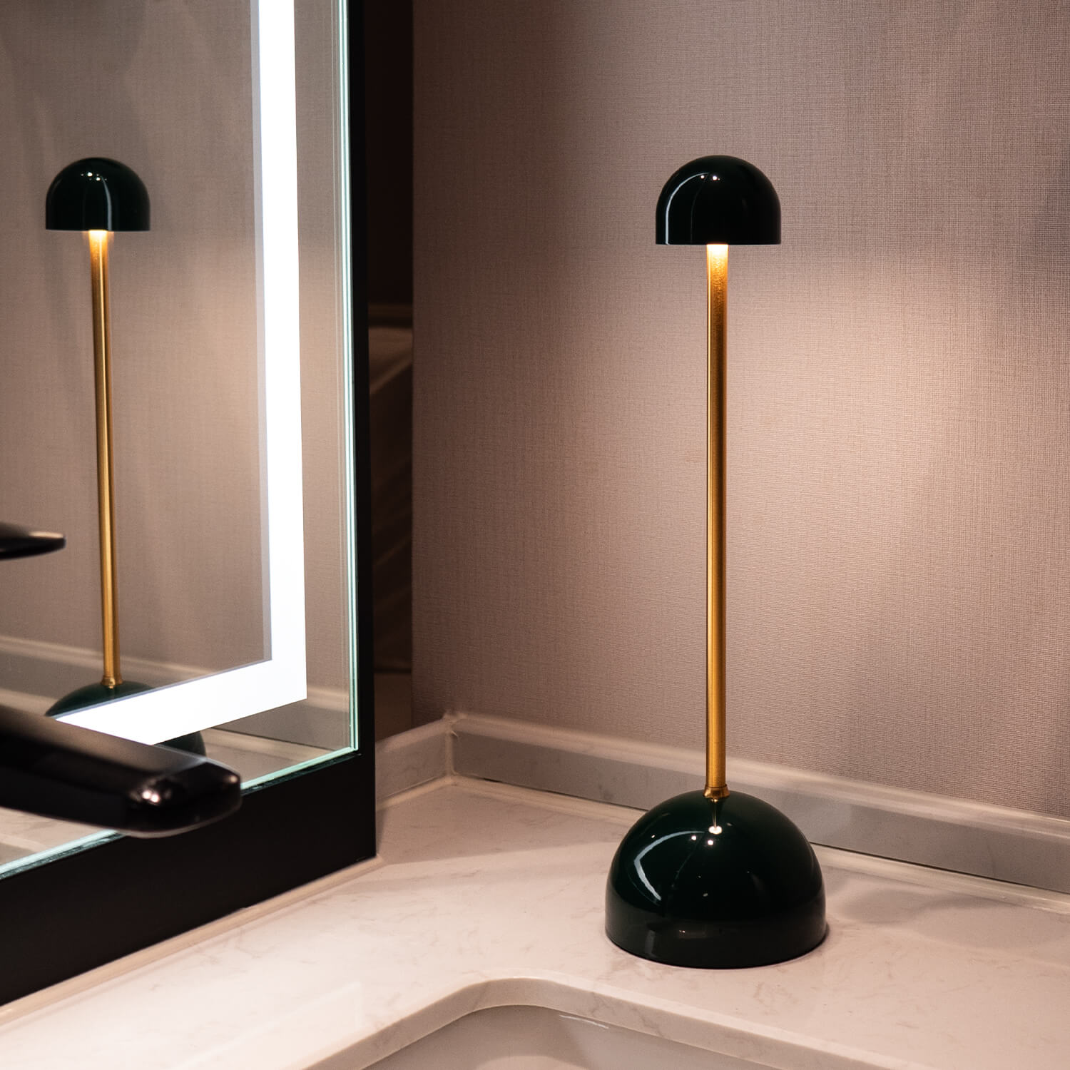 Vynir Emerald Green Base and Top with Brass Stem Table Lamp