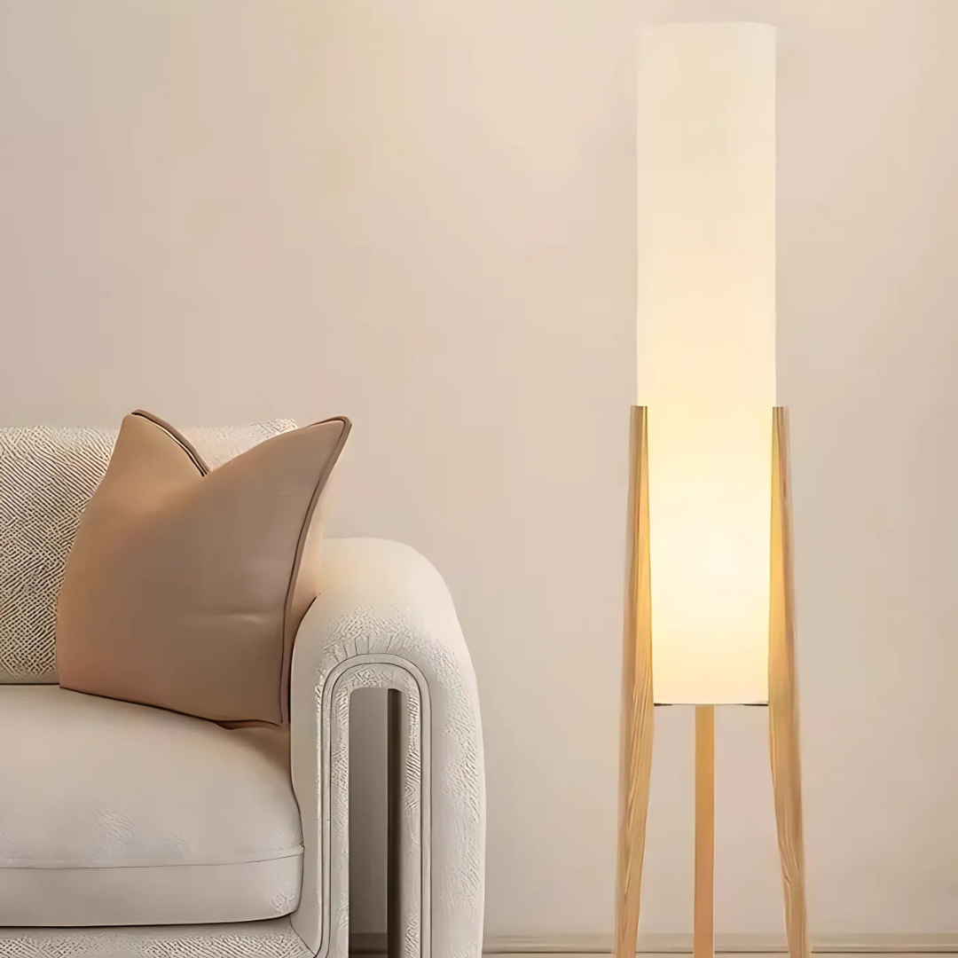AuroraLume přírodní dřevěná stojací lampa s látkovým stínidlem do obývacího pokoje
