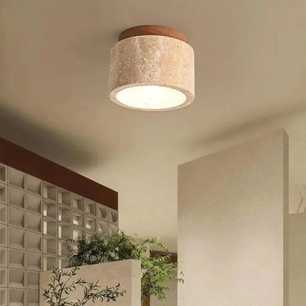 Lumera Travertine Cylinder Ceiling Light With Wood Accent