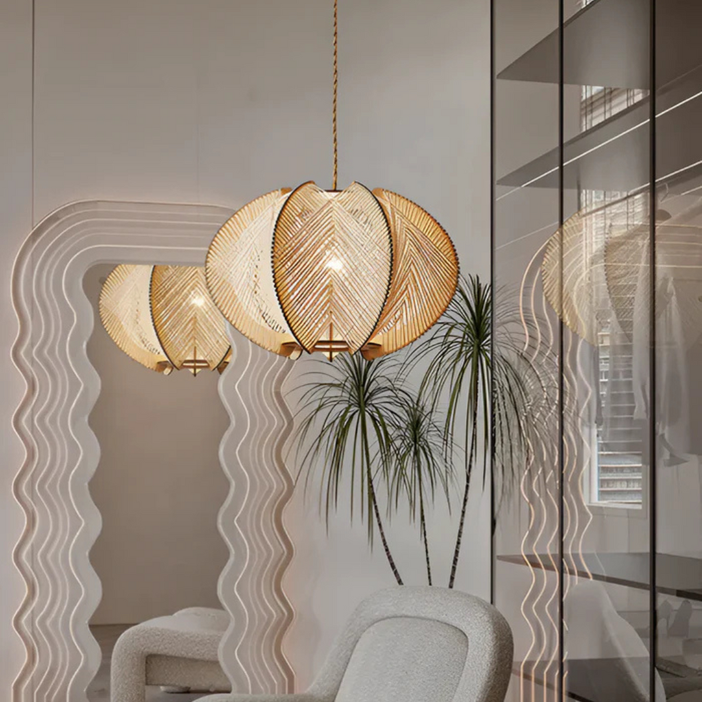 Lampa wisząca SolaraWood Wabi-Sabi do jadalni z drewna i konopi