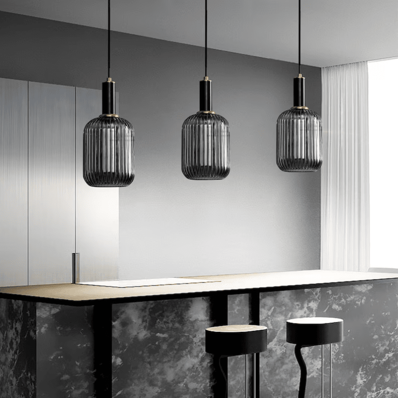Nordic Vintage Style Striped Glass Pendant Light With Black Glass And Metal