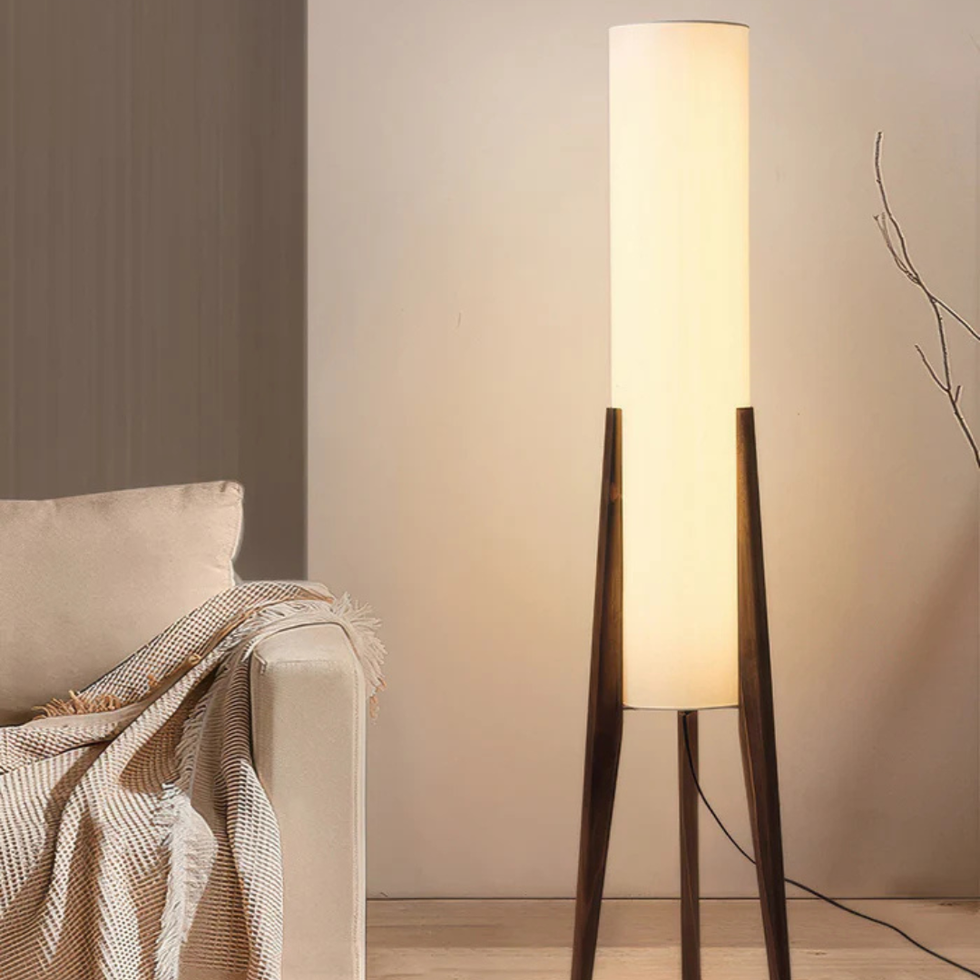AuroraLume přírodní dřevěná stojací lampa s látkovým stínidlem do obývacího pokoje