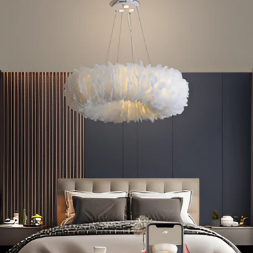 Cresora | White Circular Feather Pendant Light For Elegant Rooms