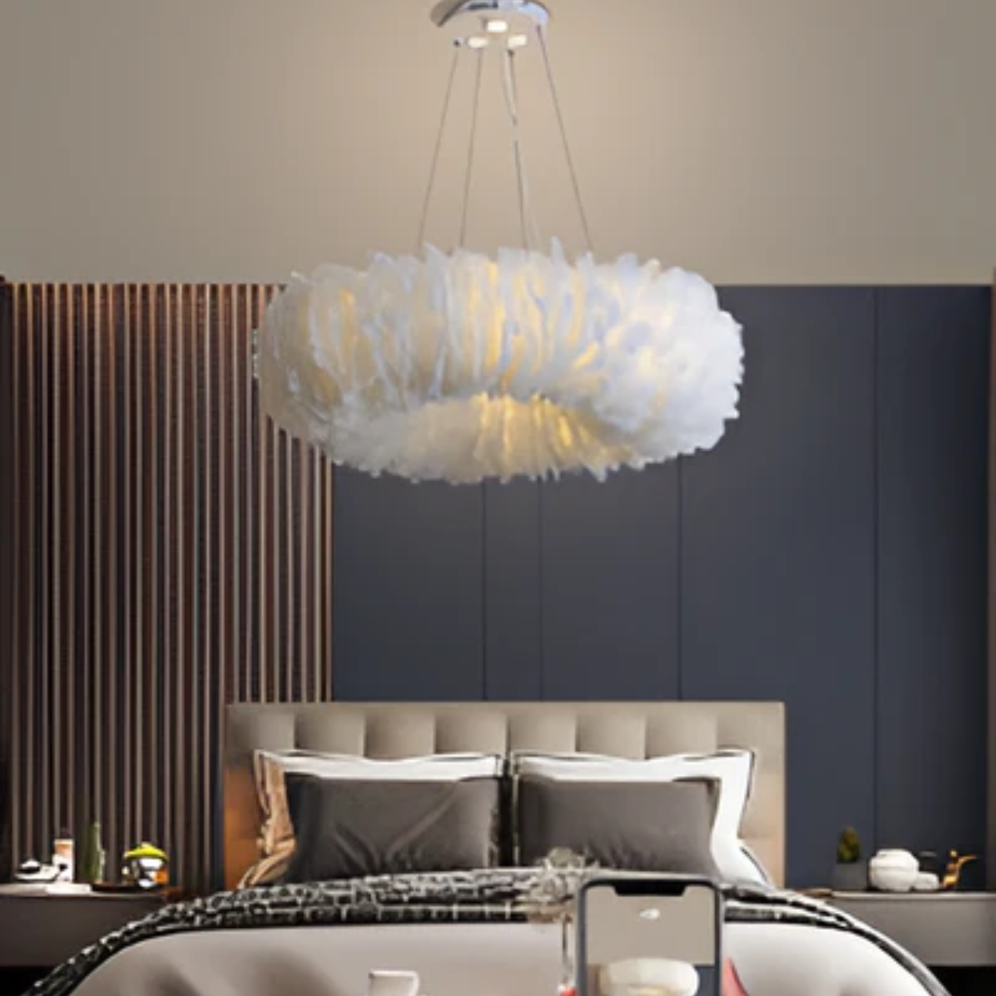 Cresora | White Circular Feather Pendant Light For Elegant Rooms