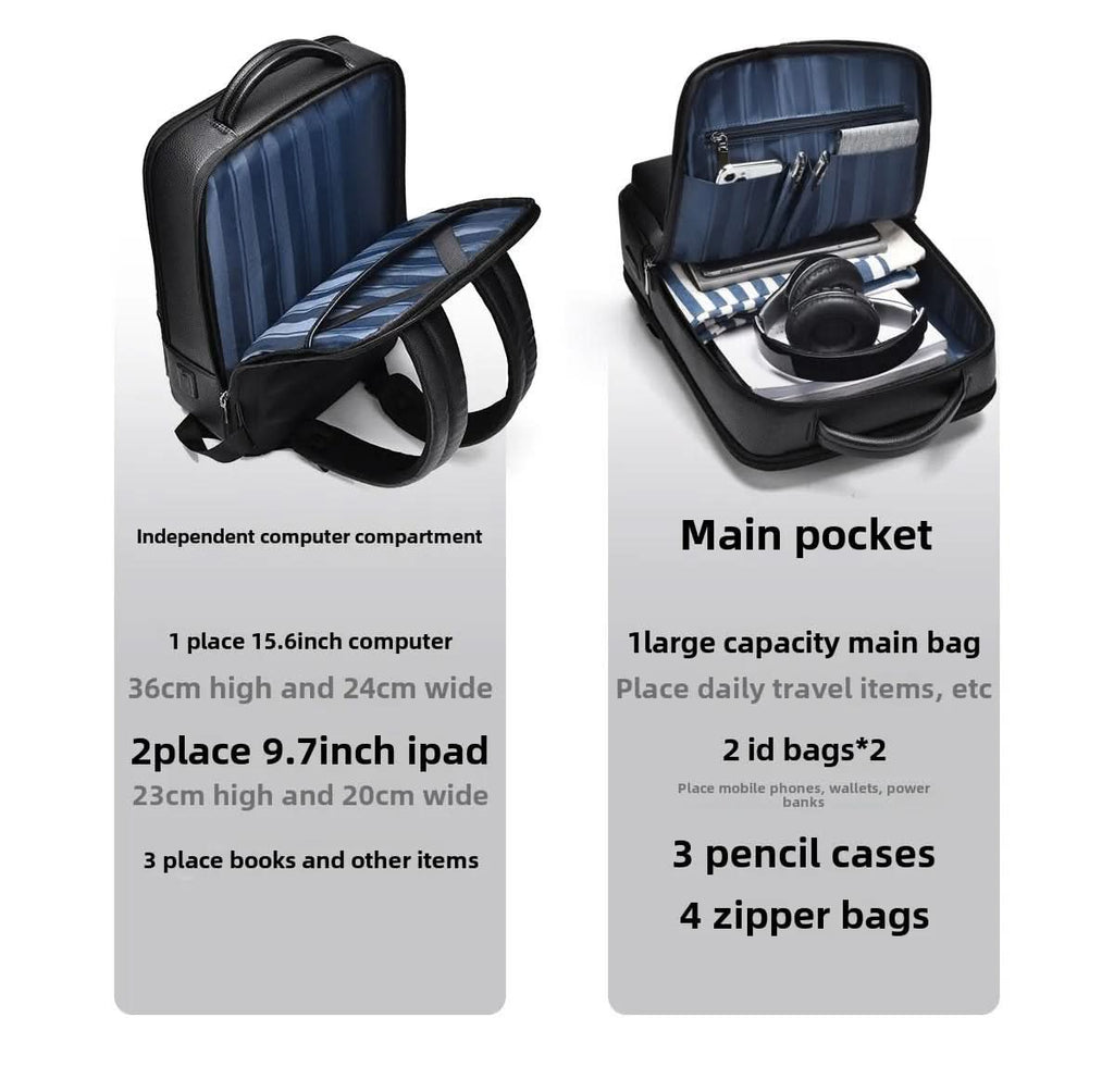 Elegantní kožený batoh s USB portem pro 15,6palcový notebook, černý