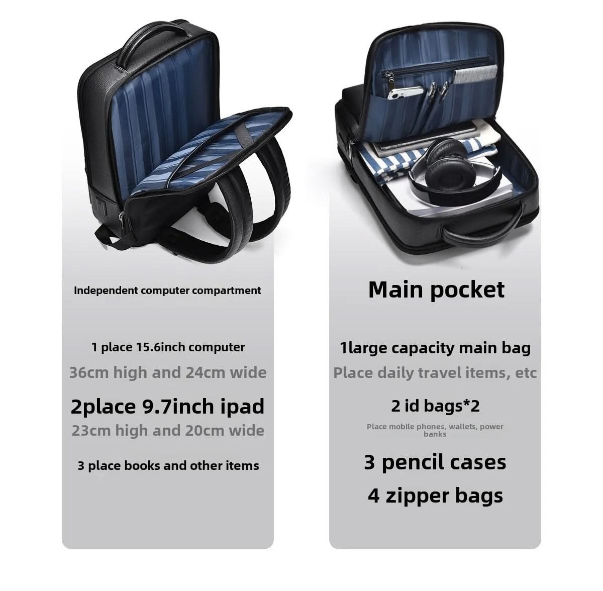 Elegantní kožený batoh s USB portem pro 15,6palcový notebook, černý