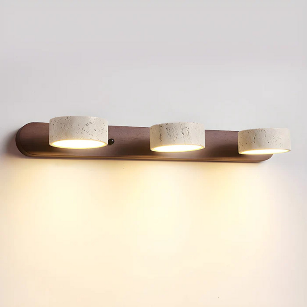Havencrest Travertine Wall Light With Warm Wood Accents And Ambient Glow