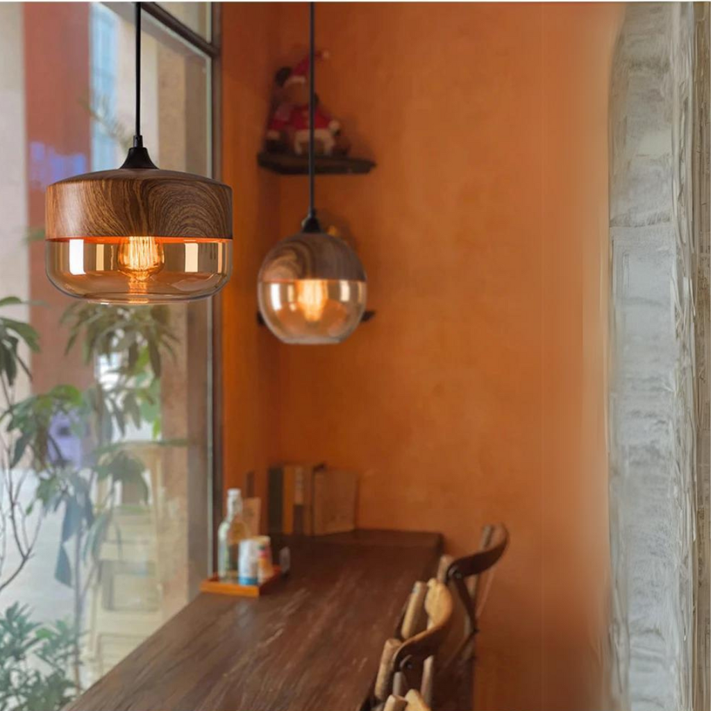 Harlow Nordic Wood and Tint Glass Pendant Light in Scandinavian Style
