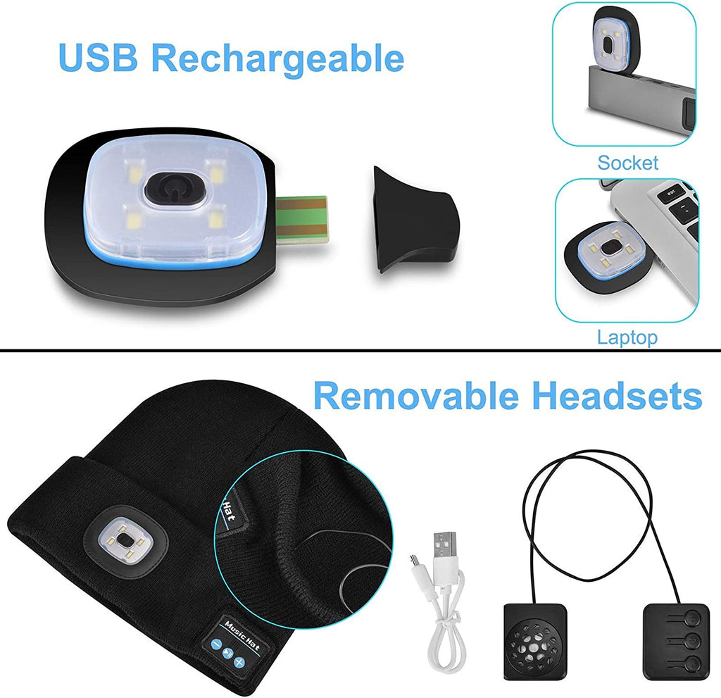 Beanie Hat With Light and Wireless Headphones, Bluetooth 5.0