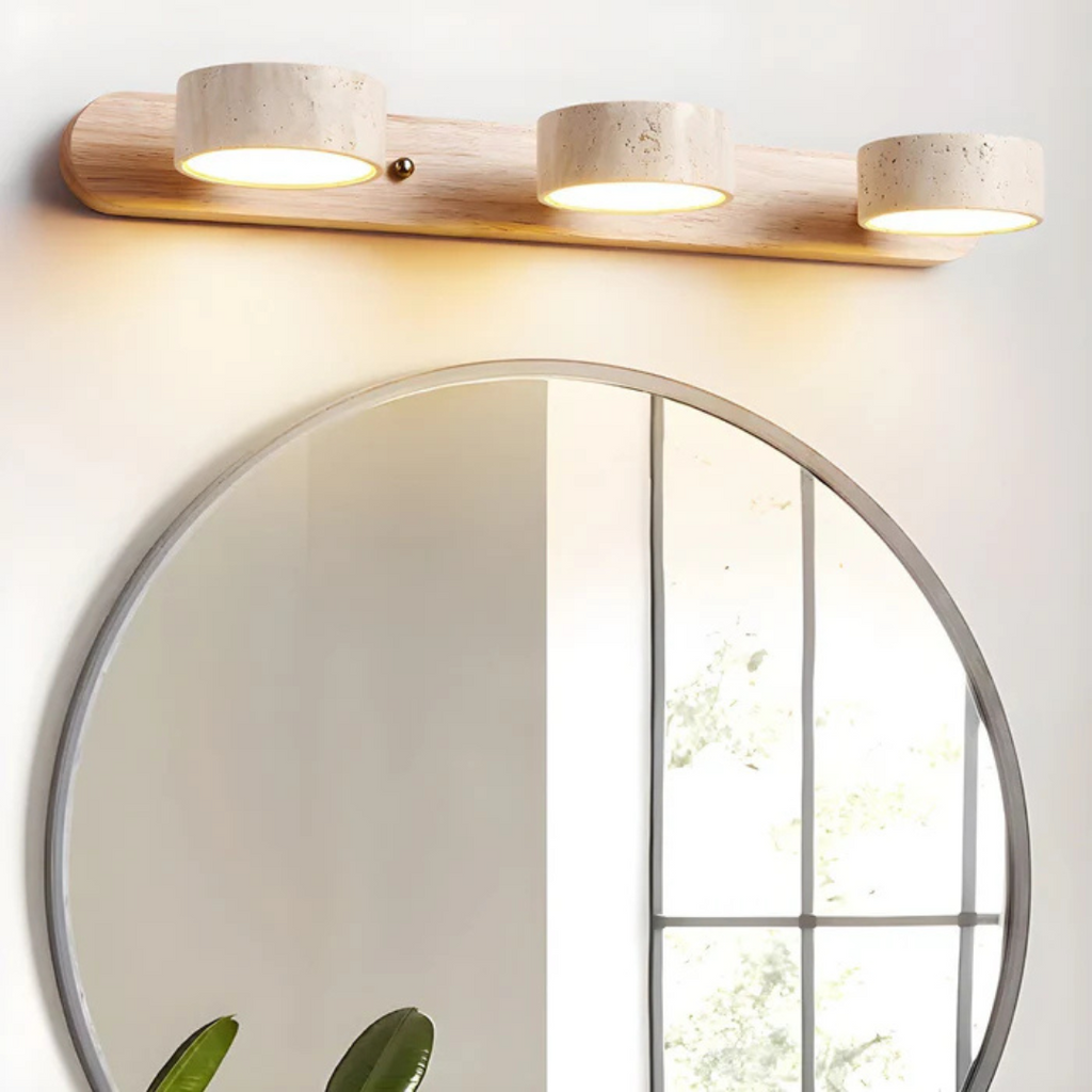 Havencrest Travertine Wall Light With Warm Wood Accents And Ambient Glow