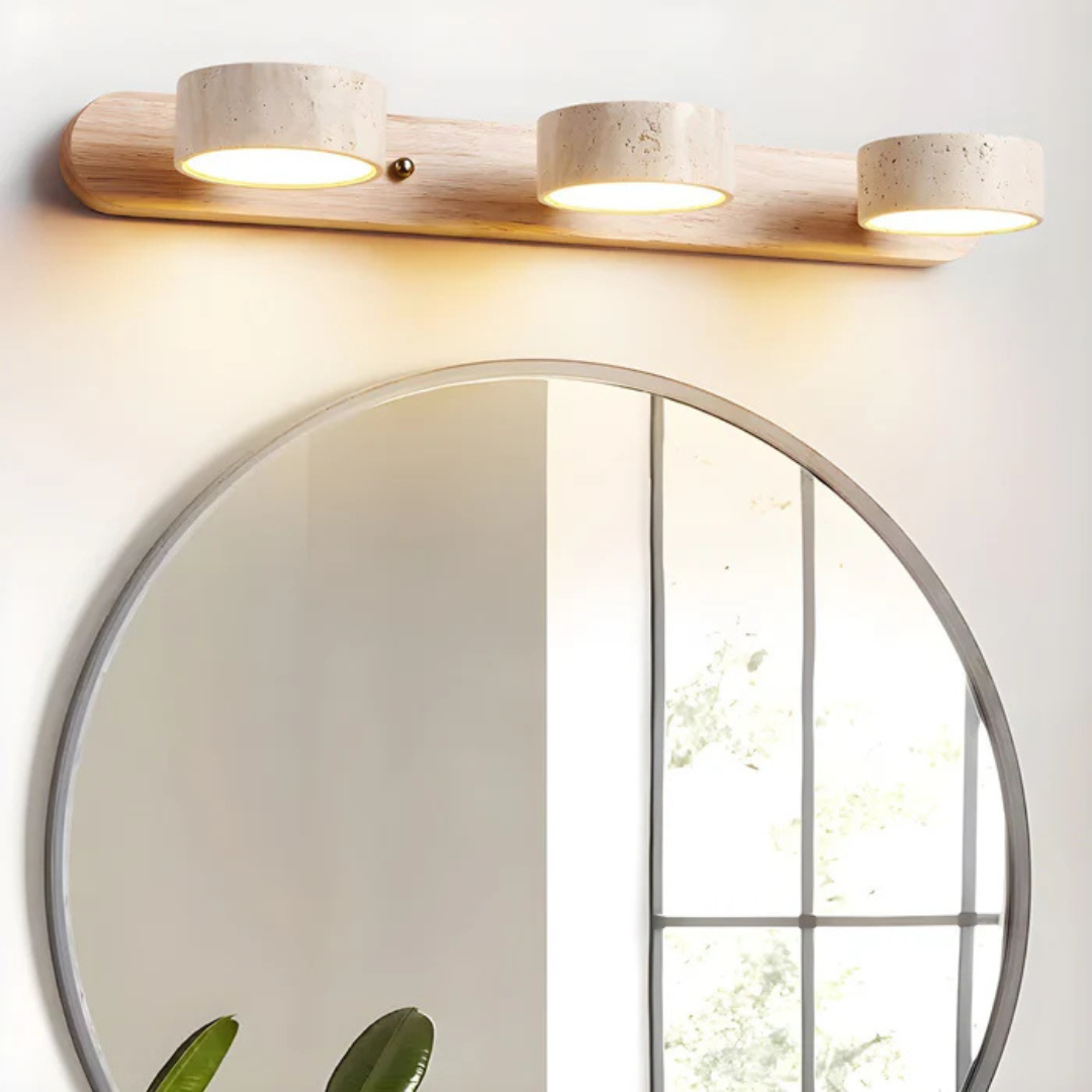 Havencrest Travertine Wall Light With Warm Wood Accents And Ambient Glow
