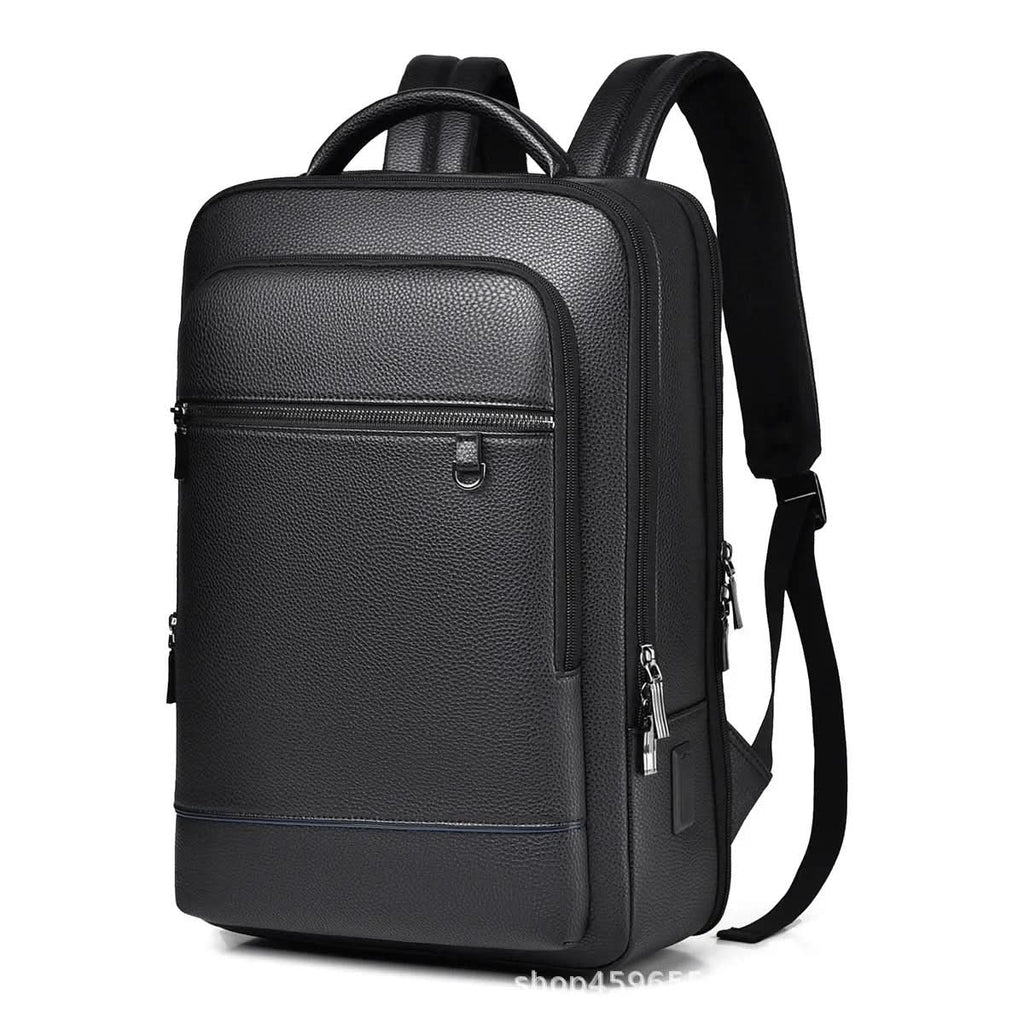 Elegantní kožený batoh s USB portem pro 15,6palcový notebook, černý