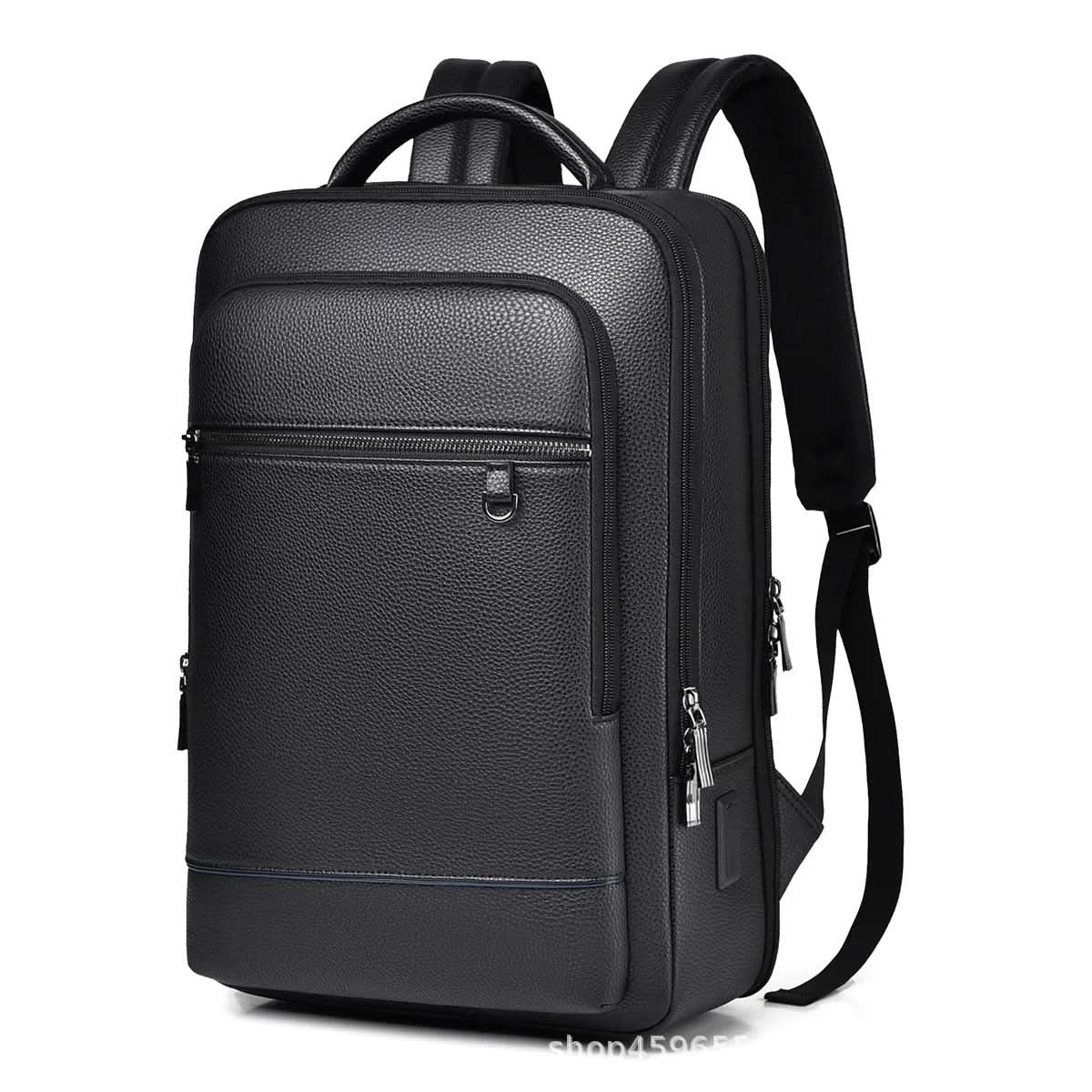 Elegantní kožený batoh s USB portem pro 15,6palcový notebook, černý