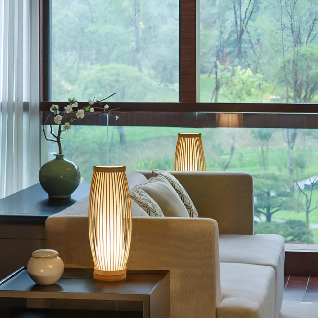 Hinata bambu LED-bordslampa i japansk stil för sovrum och skrivbord, lugnt sken