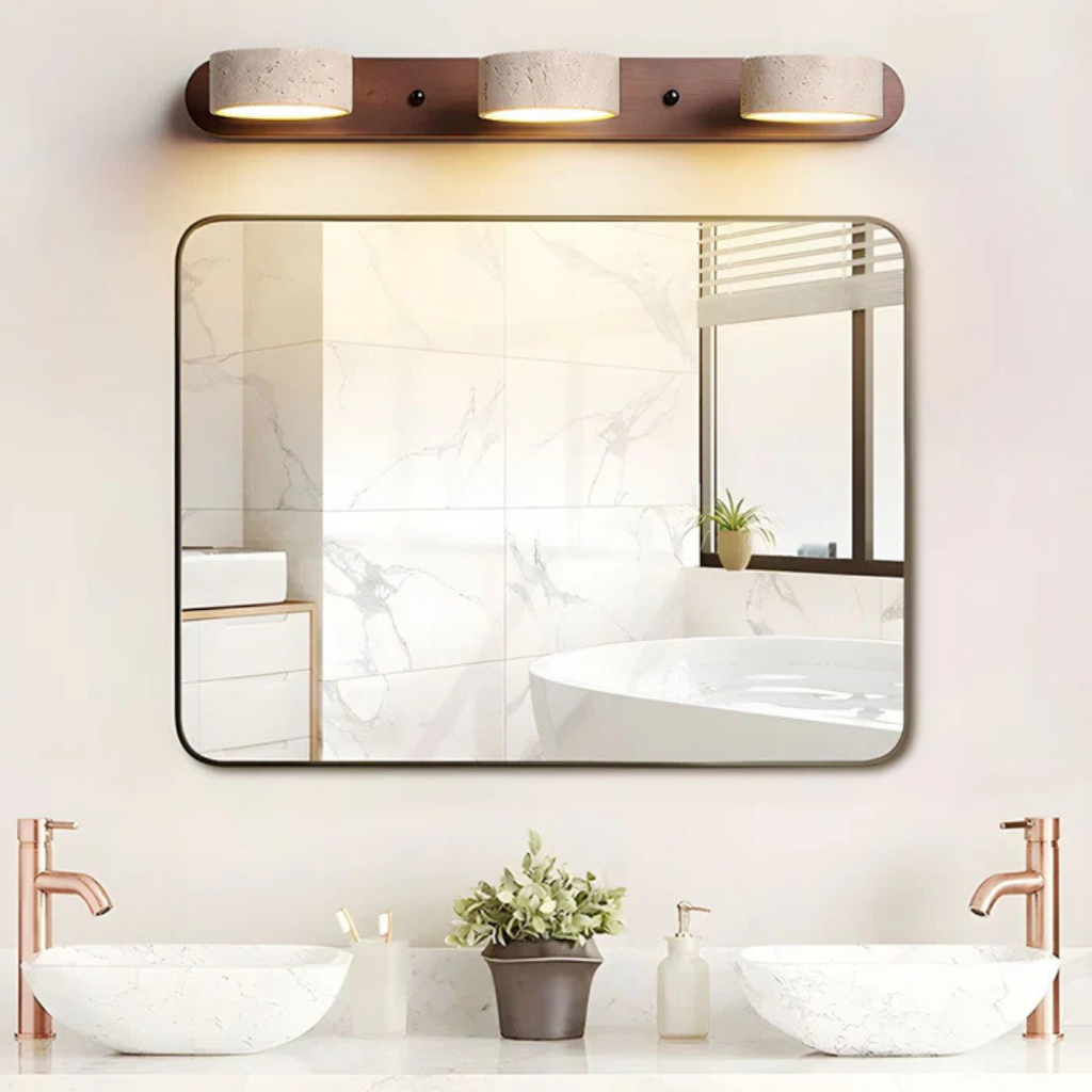 Havencrest Travertine Wall Light With Warm Wood Accents And Ambient Glow