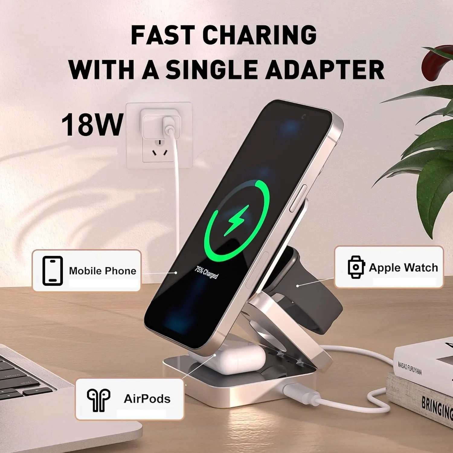 VeloCharge Magnetic Foldable 3-In-1 Wireless Charger For iPhone AirPods Apple Watch
