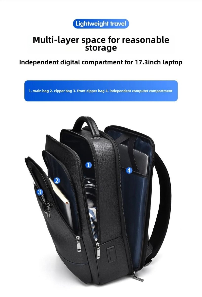 Elegantní kožený batoh s USB portem pro 15,6palcový notebook, černý