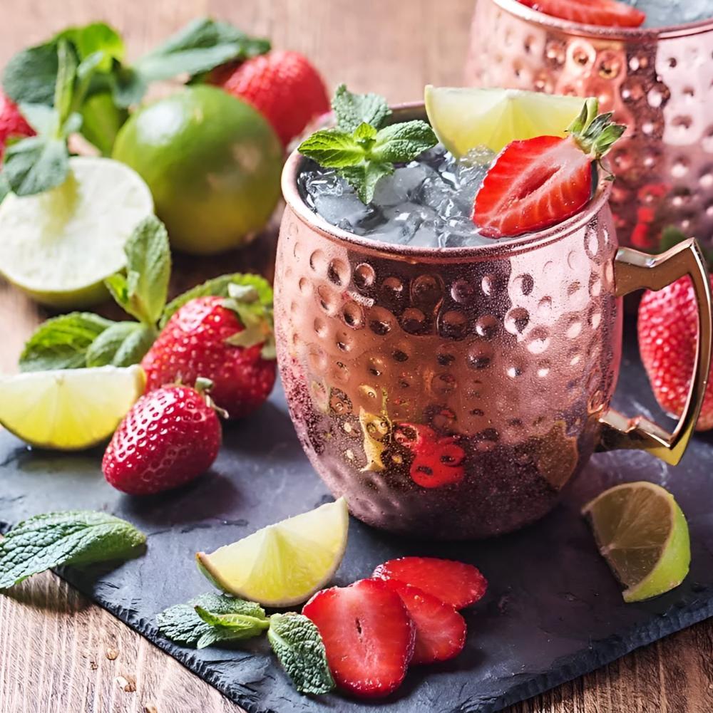 Kupferbecher mit Hammerschlag und Messinggriff für elegante Cocktails