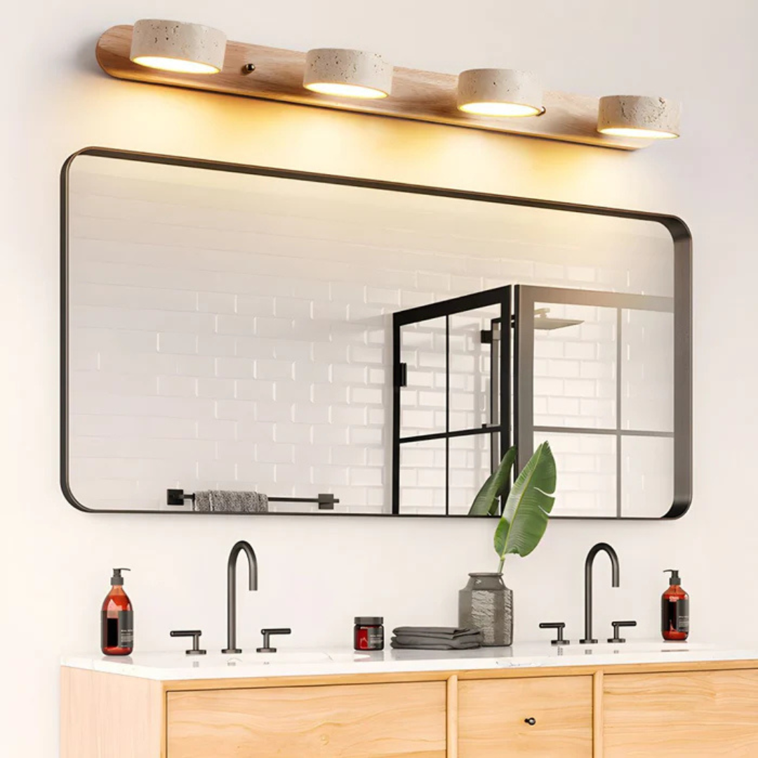 Havencrest Travertine Wall Light With Warm Wood Accents And Ambient Glow