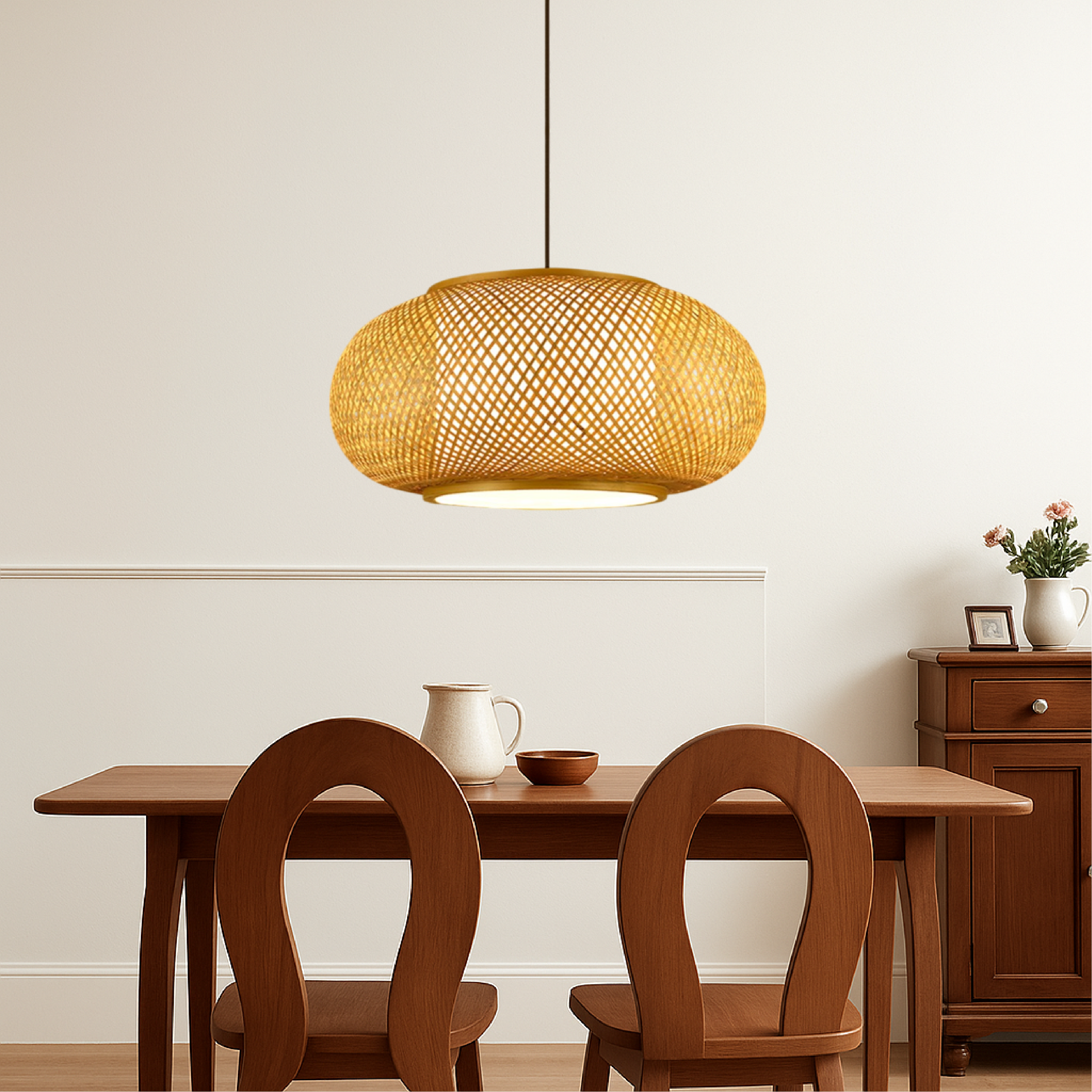 Lampada a sospensione Birano in bambù con paralume a trama aperta e luce soffusa