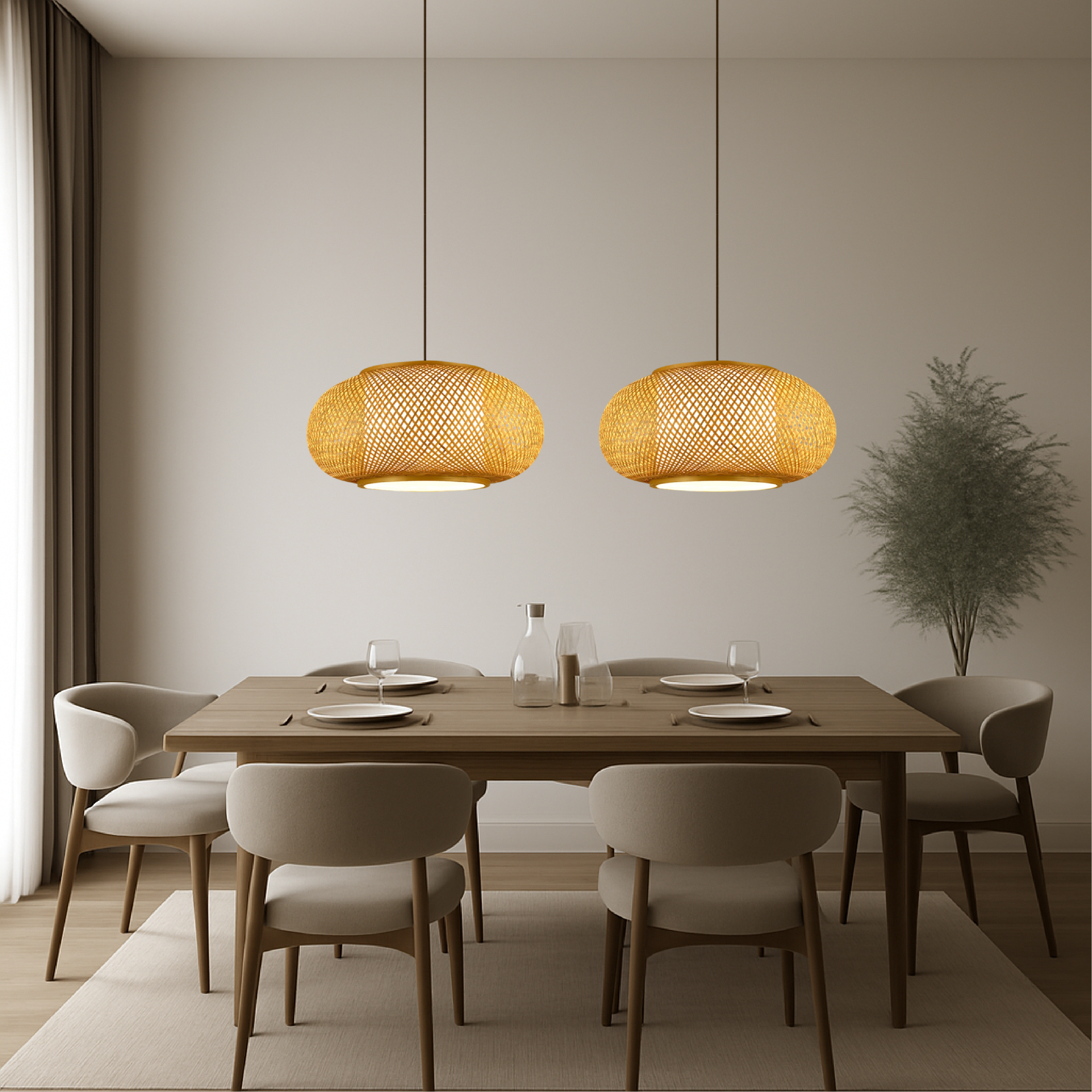 Lampada a sospensione Birano in bambù con paralume a trama aperta e luce soffusa