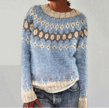 Maglione Aurora in Lana con Motivo Fair Isle Azzurro Cielo