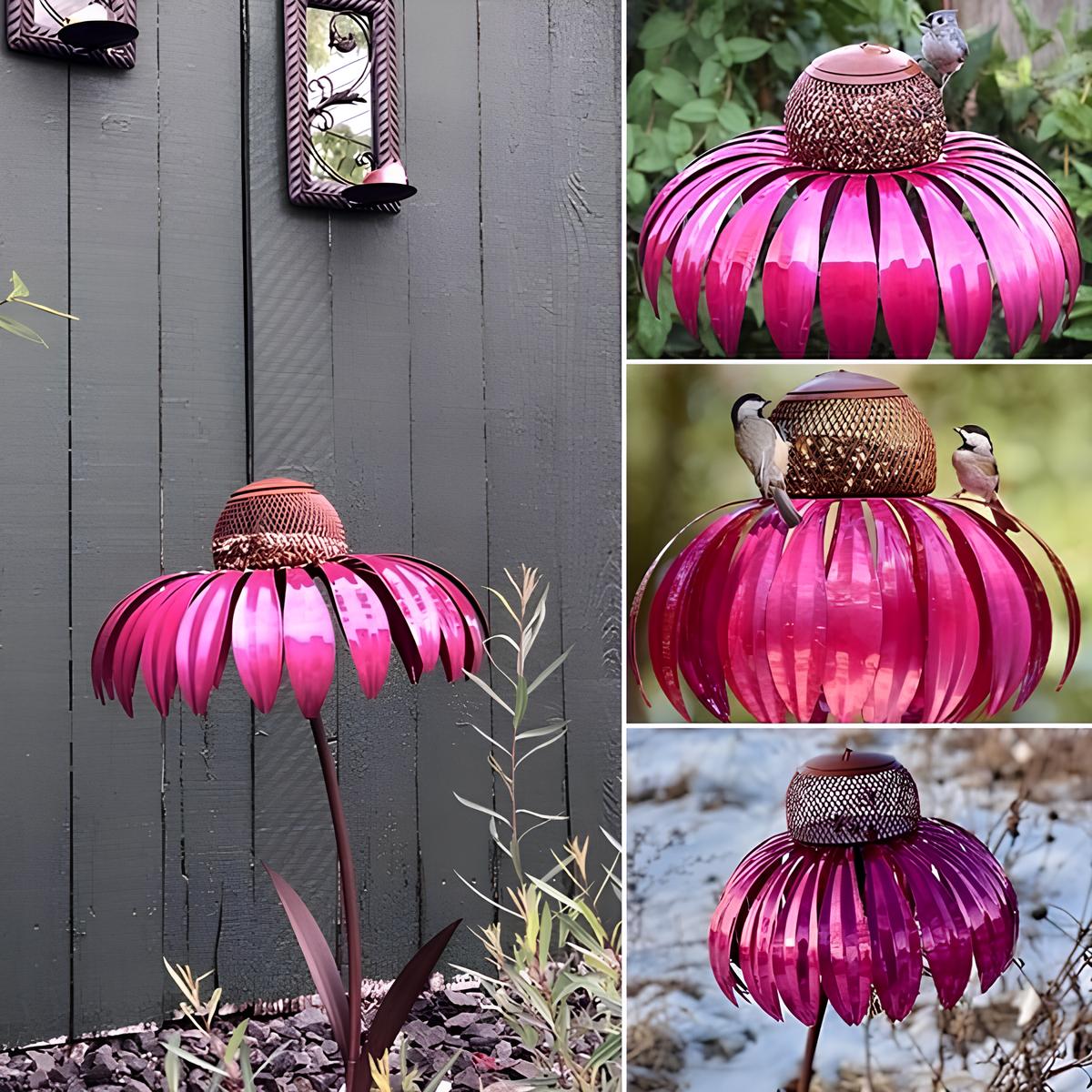 Garden Bird Feeder With Metal Sunflower Design And Pink Petals