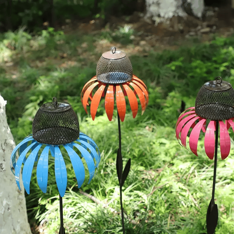 Garden Bird Feeder With Metal Sunflower Design And Pink Petals