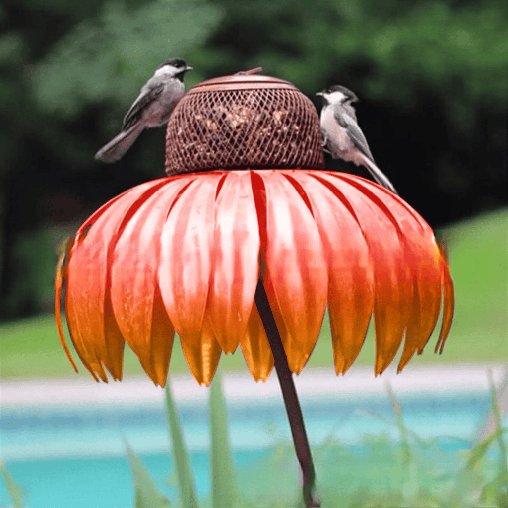 Garden Bird Feeder With Metal Sunflower Design And Pink Petals