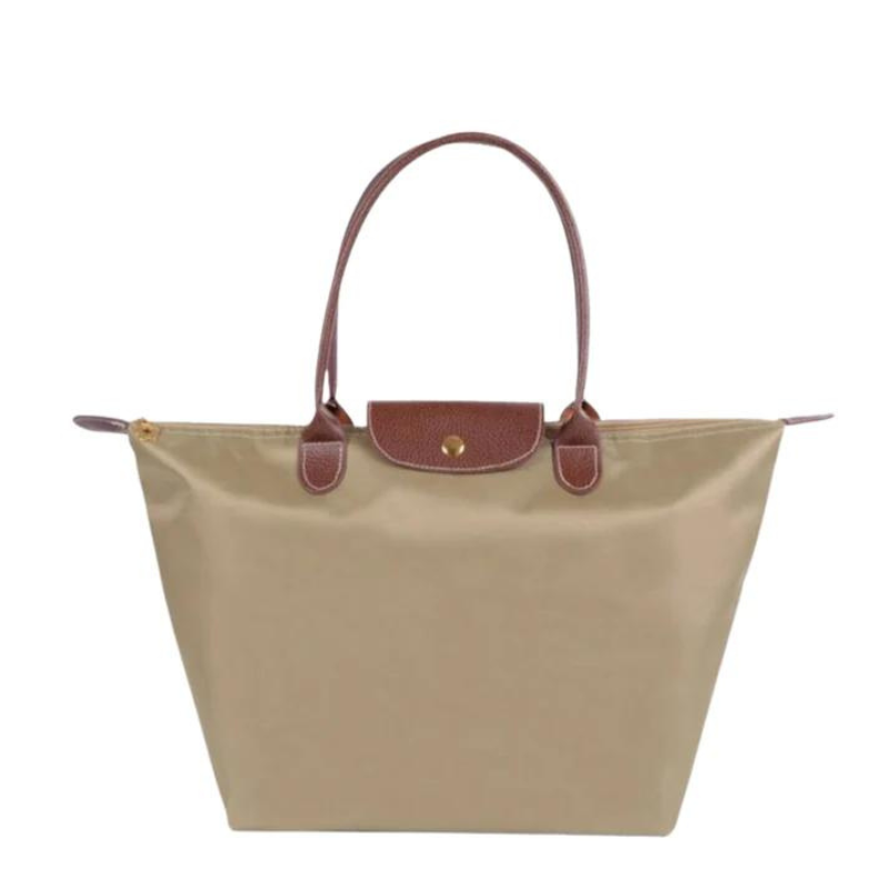 Tidløs nylon-tote med brun læderkant og gulddetaljer