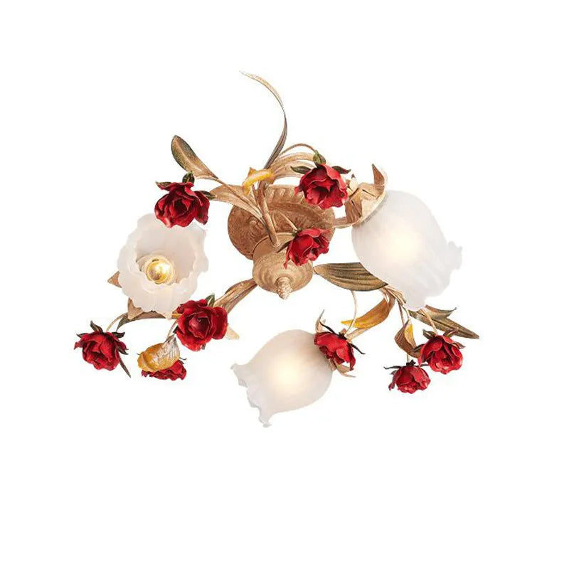 Aurea Rosette Guldloftlampe med Rød Glasrose Accent