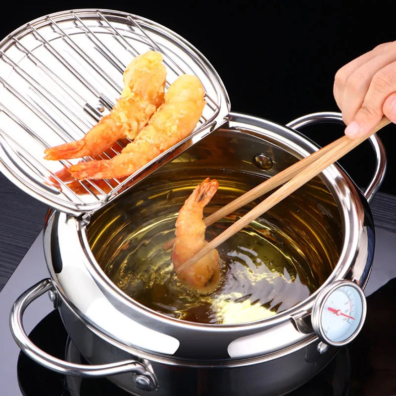 CrispCraft Stainless Steel Deep Frying Pot With Thermometer And Lid For Tempura