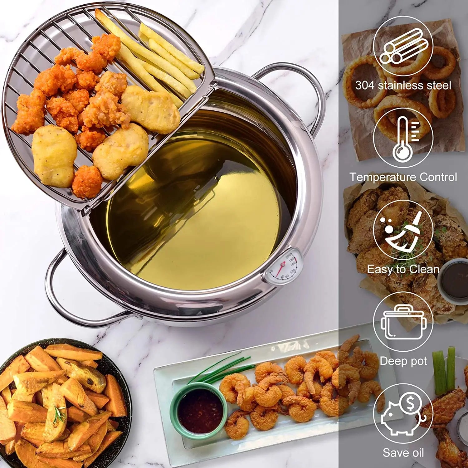 CrispCraft Stainless Steel Deep Frying Pot With Thermometer And Lid For Tempura